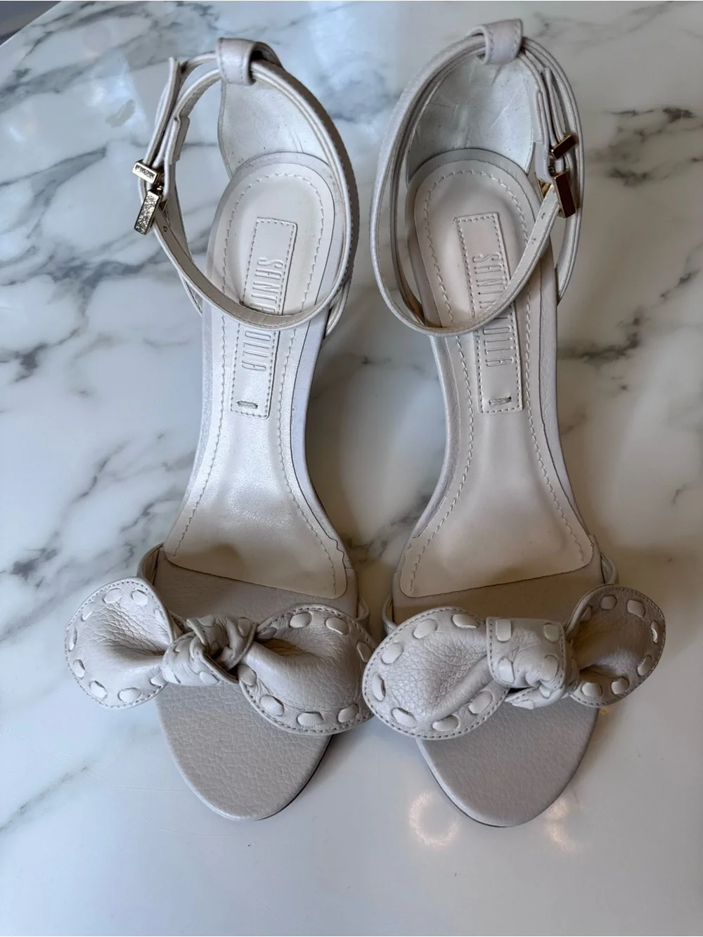 Knot-Bow Ankle-Strap Heels in Cream